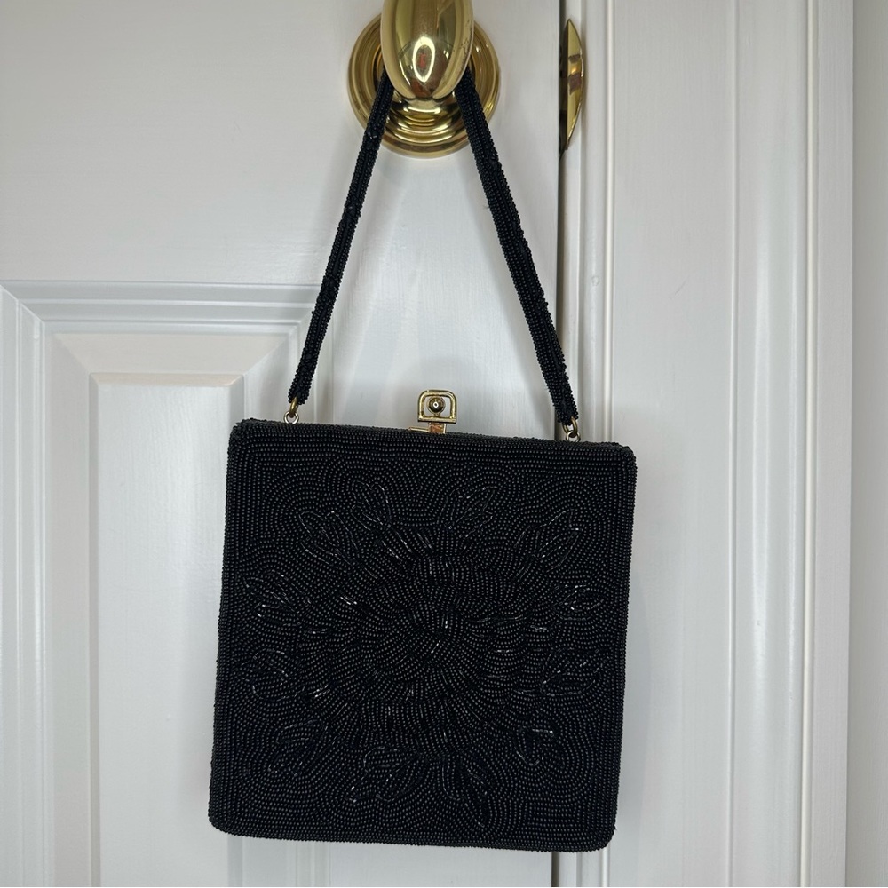 La Regale Vintage Black Beaded Rose Evening Bag